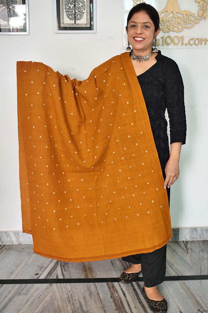 Handwoven Bhujodi Stole / Shawl with Tie Dye Bandhani -mustard