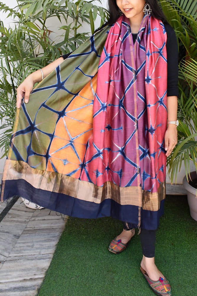 Clamp Dyed Chanderi Dupatta with Zari border and palla