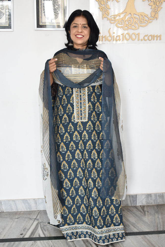 Beautiful  Cotton Unstitched Suit with  Neck patch, Intricate Hand Embroidery & Block print chiffon dupatta