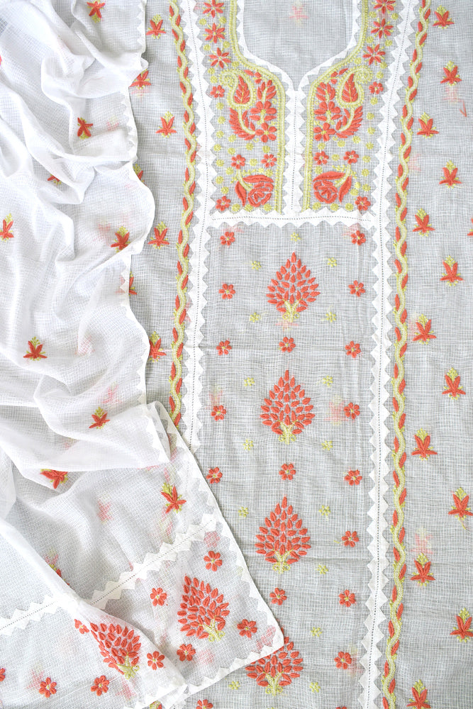 Elegant Milky White Kota Kurta & Dupatta Set with Applique &  Lucknowi Hand Chikankari embroidery