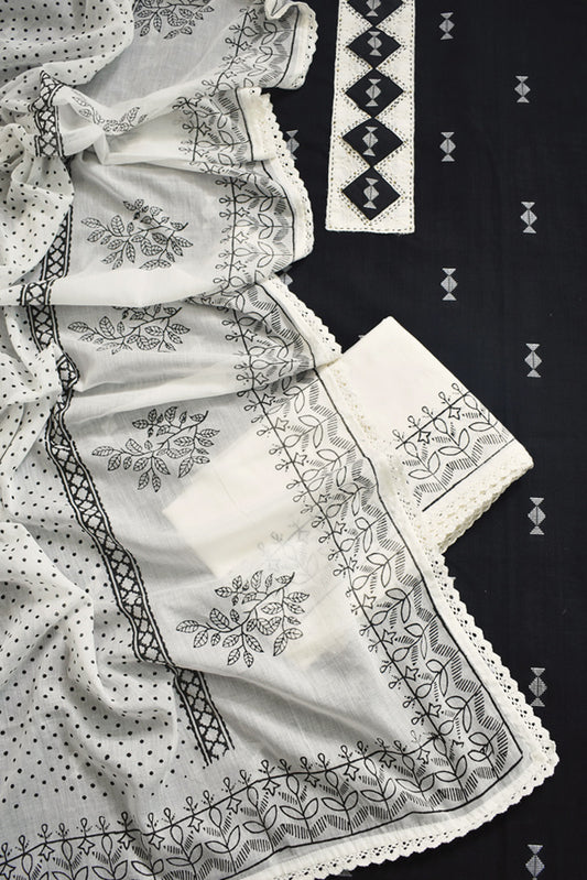 Elegant woven cotton kurta with Block printed soft cotton dupatta and bottom