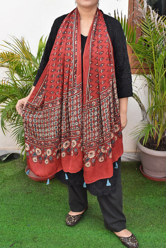 Beautiful Hand Block Printed Ajrakh Modal Silk stole with Tassels