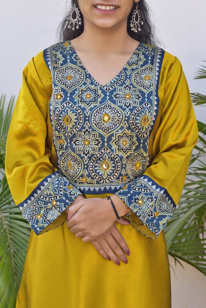 Beautiful Mashru Silk Kurta with Ajrakh patch Kutch & mirror work size with Mashru pant - 38 - 44