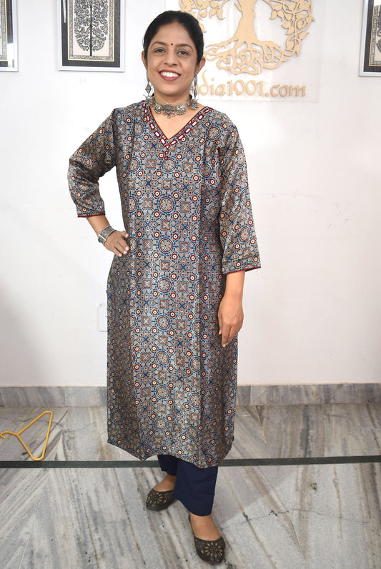 Beautiful Mashru Silk Ajrakh Kurta with Kutch mirror work size - 40-44