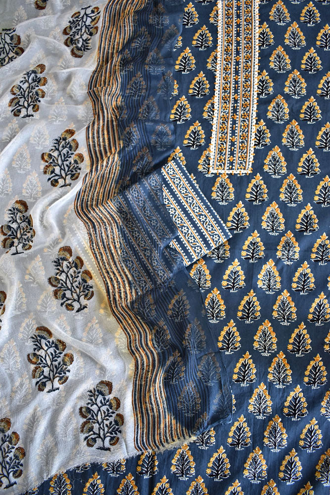 Beautiful  Cotton Unstitched Suit with  Neck patch, Intricate Hand Embroidery & Block print chiffon dupatta