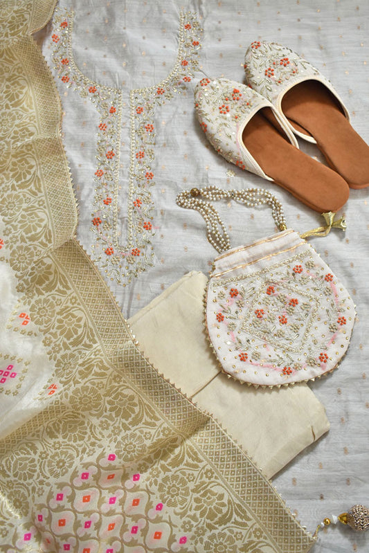 Beautiful Hand Embroidered Chanderi unstitched suit fabric with Banarasi Dupatta & Matching Potli bag & Jutti