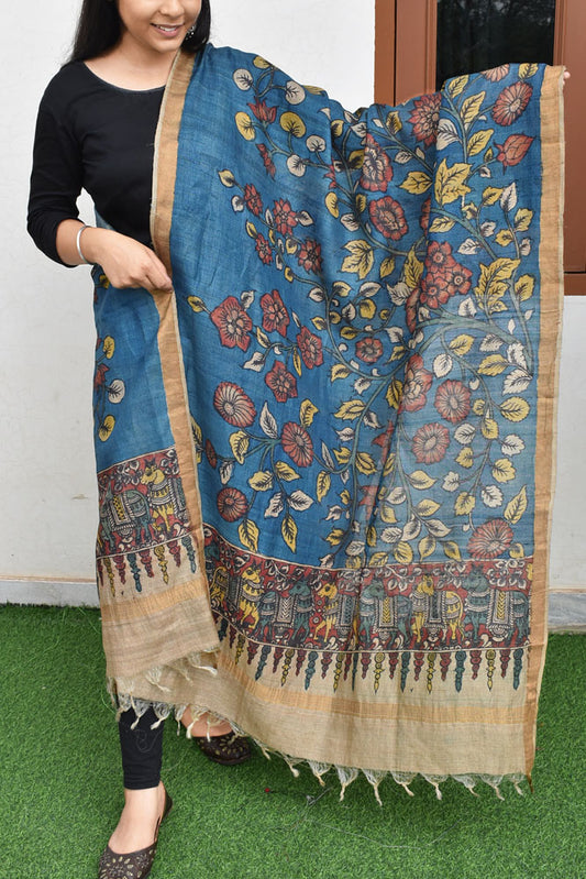 Earthy Hand Painted Kalamkari Desi Tussar Silk Dupatta