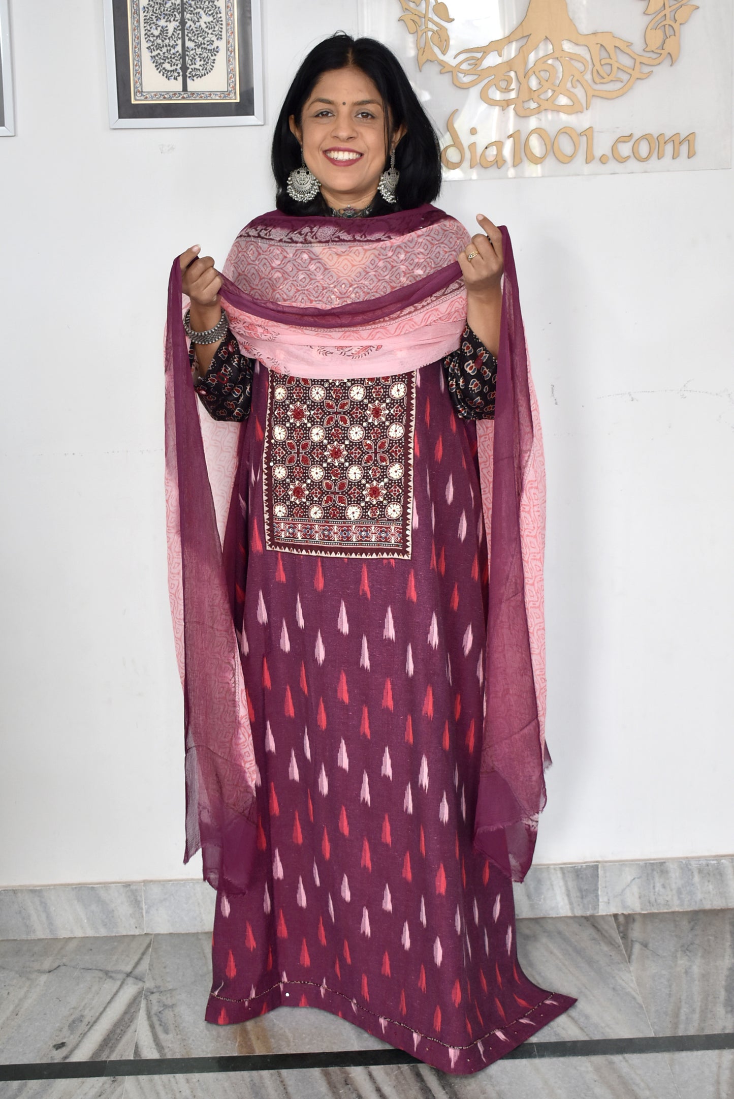 Elegant Handwoven Ikkat Cotton Unstitched Suit with Ajrakh patch ,Intricate Hand Embroidery block print  dupatta