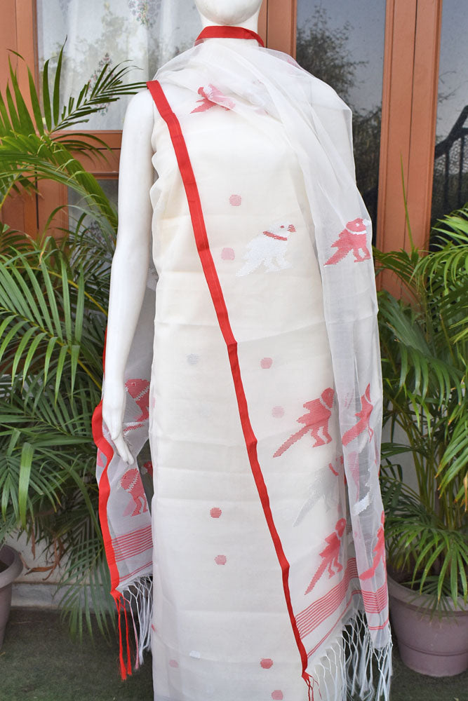 Kalakriti : Beautiful Hand Woven Muslin Jamdani Kurta Fabric & Dupatta set with bird motif