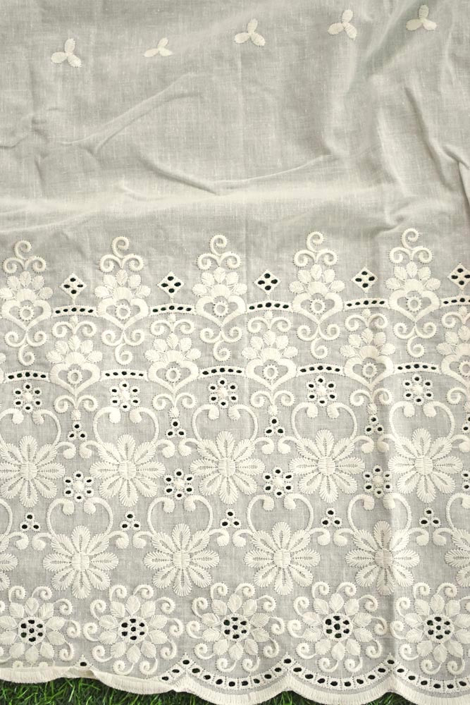 Beautiful cotton ( bottom) fabric with schiffli work & embroidery - 2.5 mtrs - color Dark Cream - dyeable