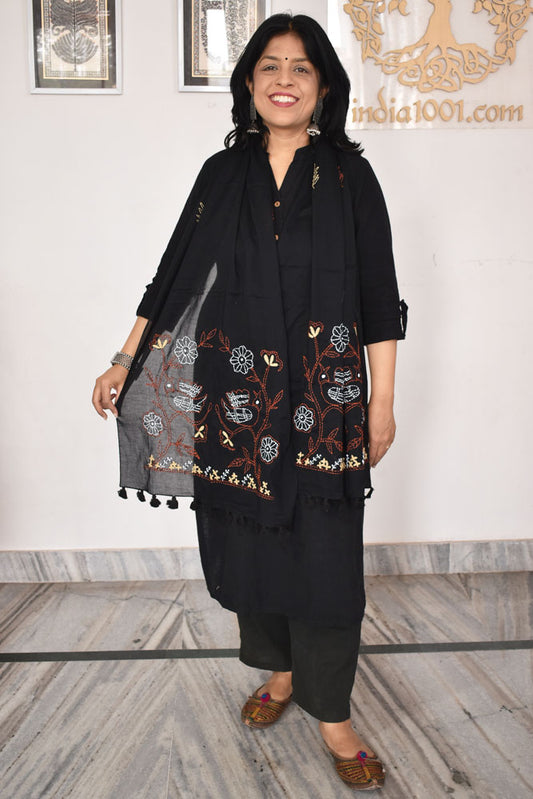 Beautiful Soft Cotton Voile Stole with Kantha work & hand embroidery & tassels