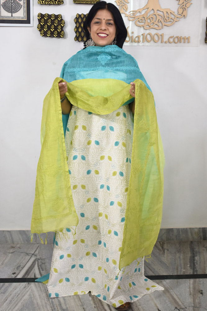 Elegant Hand Block print chanderi suit with linen silk chikankari dupatta