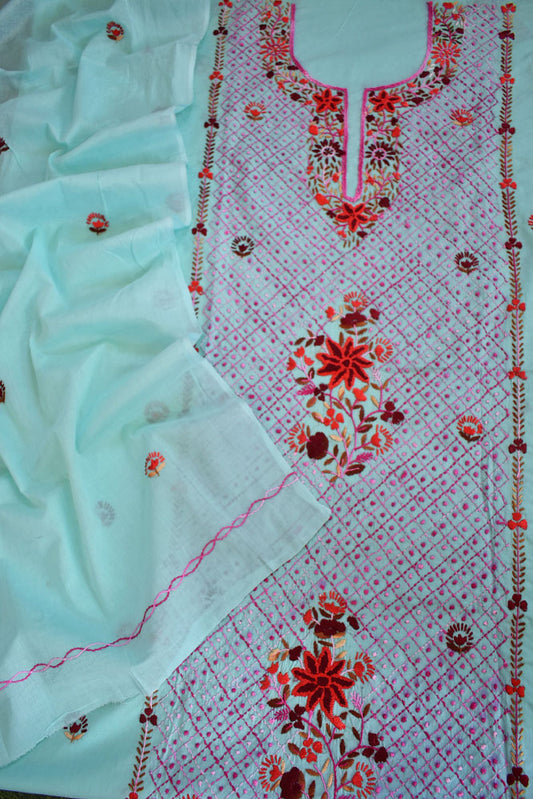 Beautiful Hand Embroidered Cotton Kurta Fabric with Bottom & Dupatta set