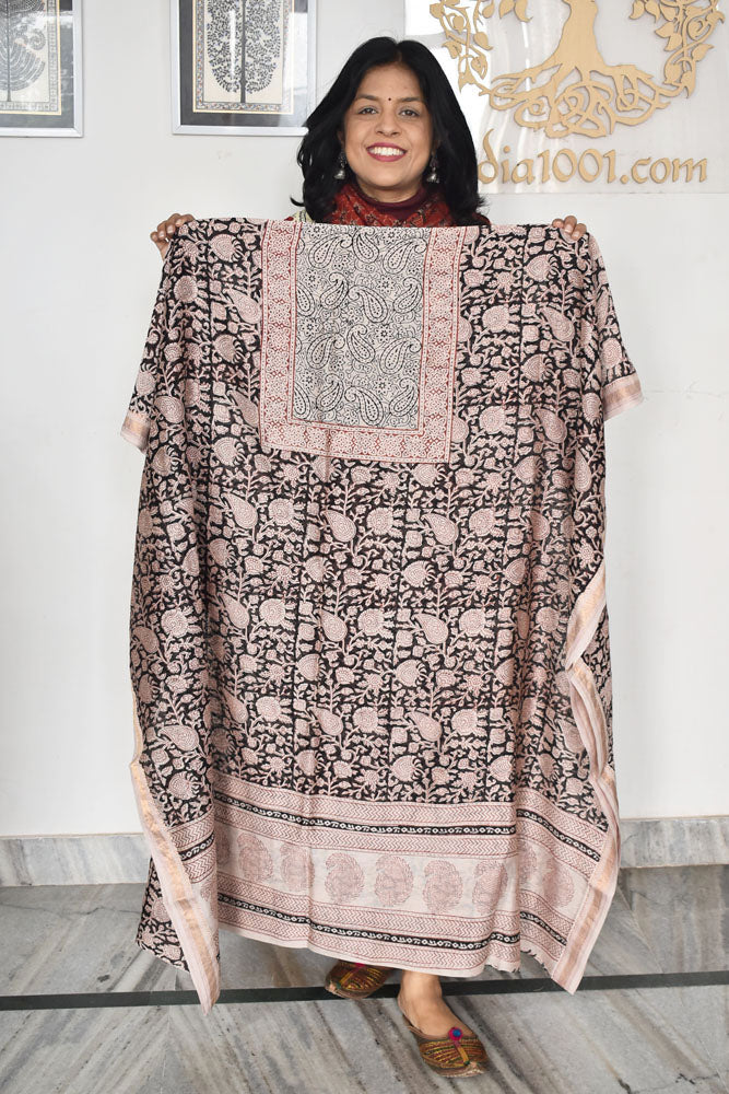 Handwoven Maheshwari kurta fabric with Bagh Hand block print