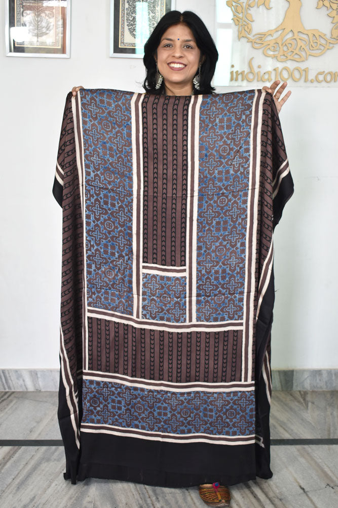 Designer Modal Silk Ajrakh Hand Block Print  Kurta Fabric - 2.5 mtrs cut