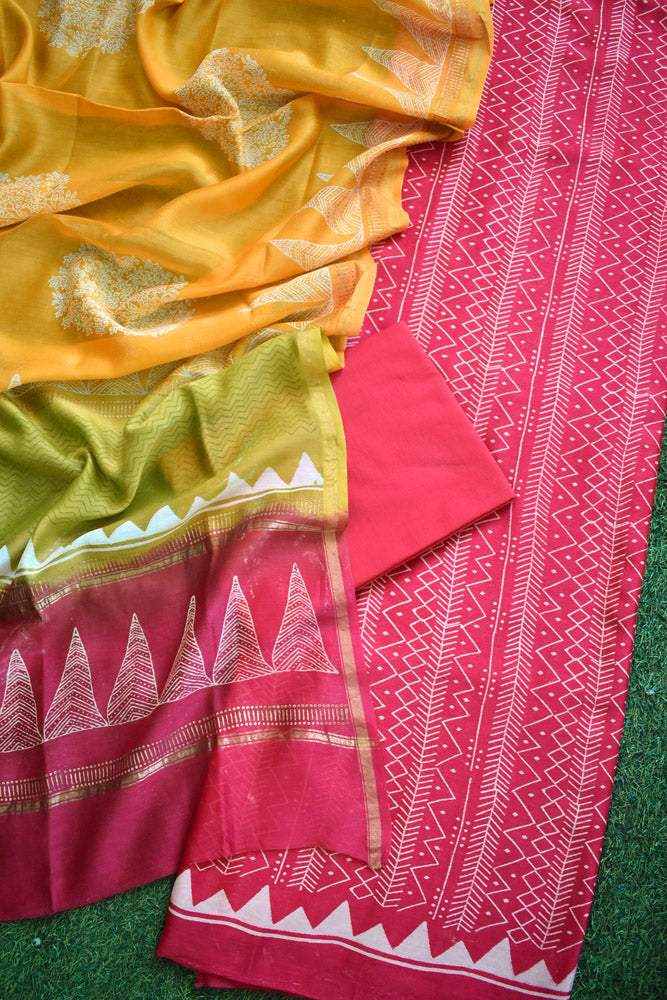 Pure Chanderi suit with Discharge Hand Block print