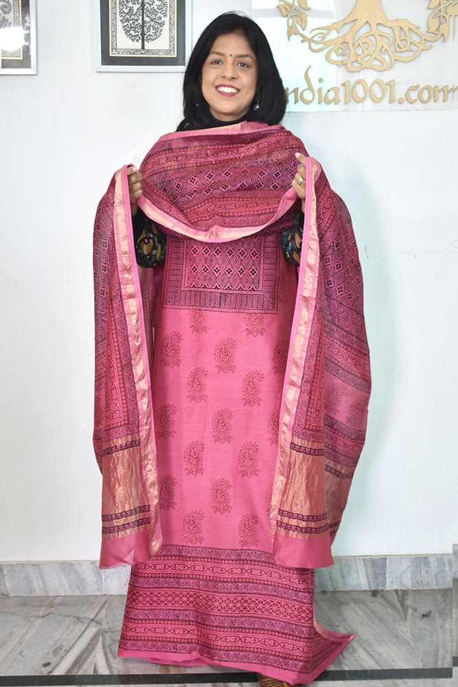 Bagh Hand Block Printed unstitched 3 pcs Handwoven Maheshwari suit fabric with Zari borders & Lagdi ( zari palla )