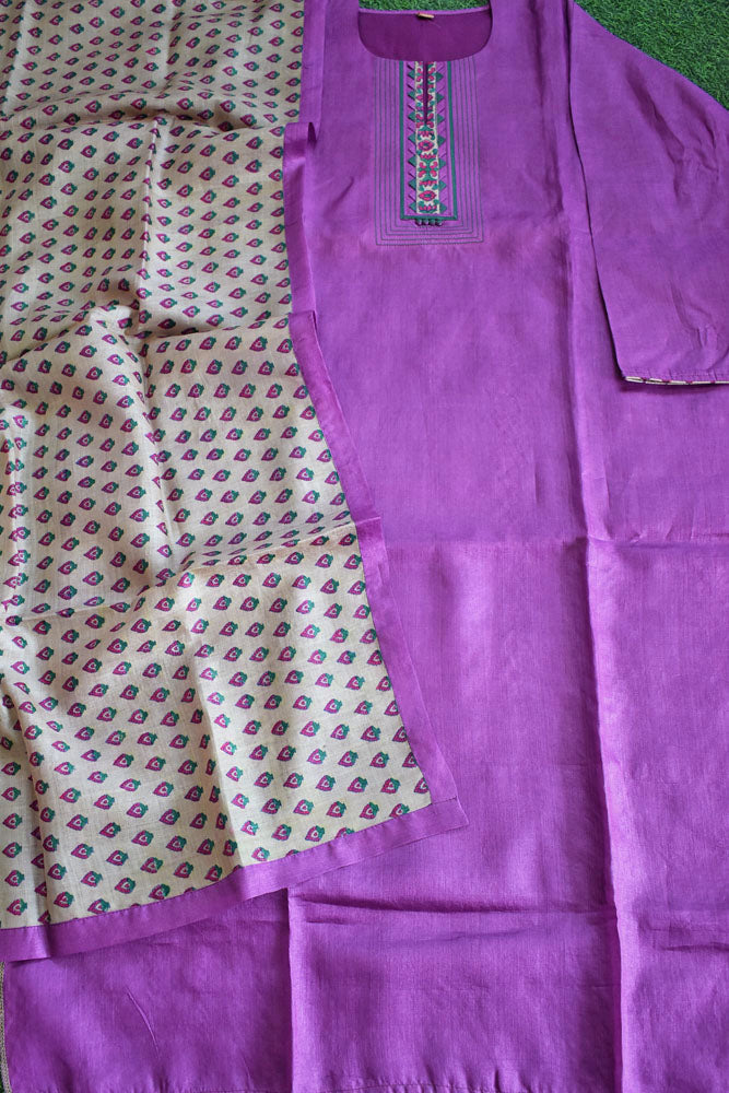 Semi Stitched Block Printed Tussar Silk Dupatta  & Tussar Kurta Fabric