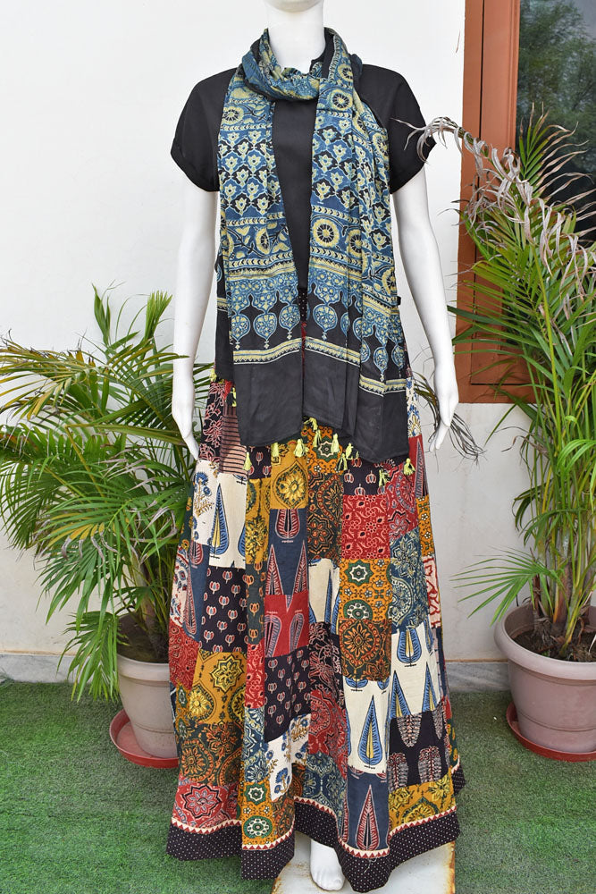 Beautiful Ajrakh Hand Block Printed Patch Work Cotton Long Skirt with Stitched borders