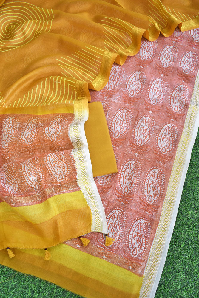 Beautiful Hand Block Printed Maheshwari Silk Cotton Unstitched suit fabric