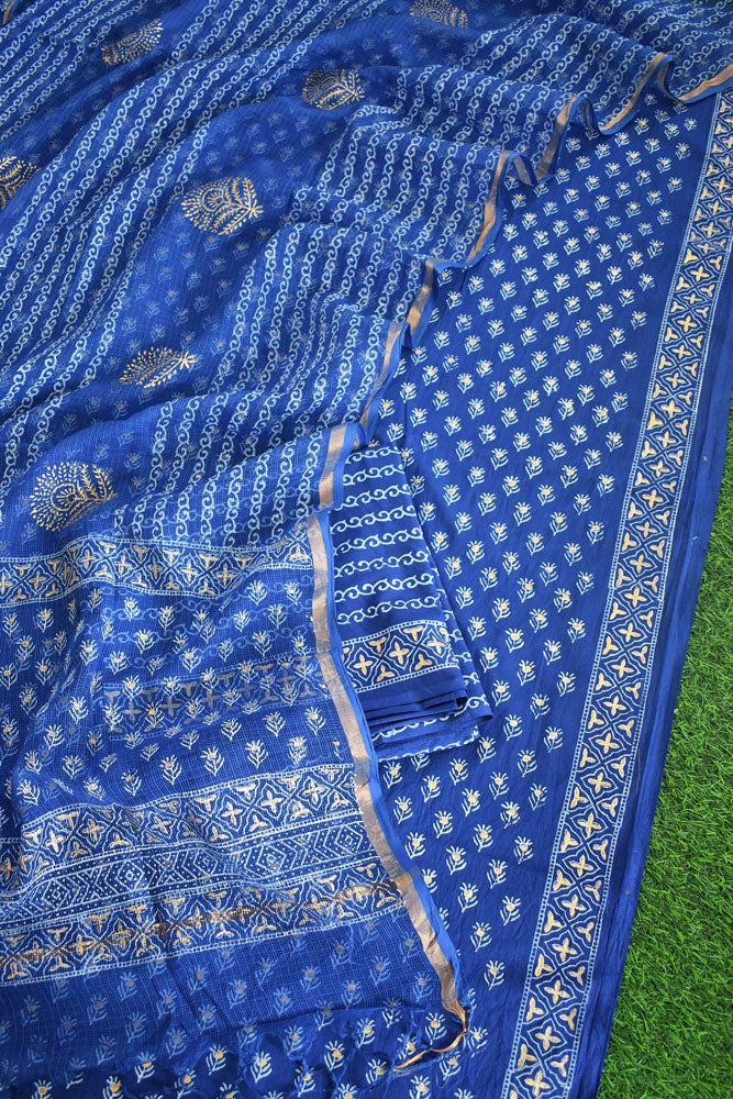 Beautiful Khadi ( खड़ी) Hand Block Printed Cotton unstitched suit fabric with Kota Doria Dupatta