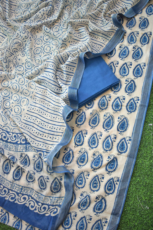 Beautiful Hand Block Printed Cotton unstitched suit fabric with Woven Borders Cotton dupatta