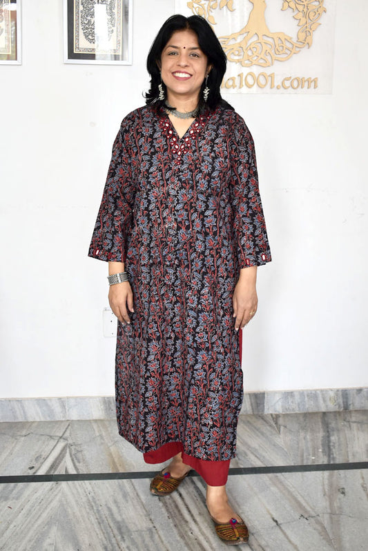 Beautiful Hand Block Printed Ajrakh Cotton  kurta with Kutch Mirror work , Size 38 to 50 ( all sizes)