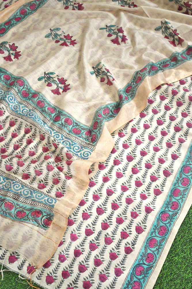 Elegant Hand Block printed Moonga Tussar Silk Kurta Dupatta Set