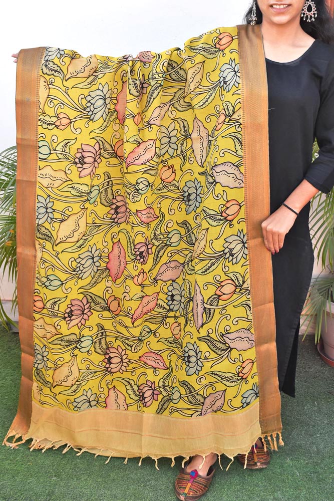 Beautiful Bangalore Cotton Silk Hand Painted Kalamkari Dupatta