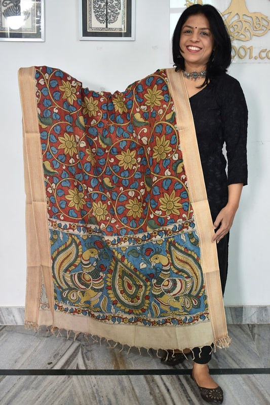 Beautiful Bangalore Cotton Silk Hand Painted Kalamkari Dupatta