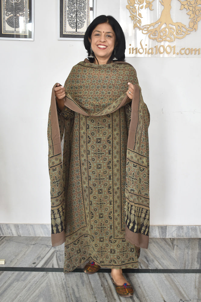 Ajrakh Hand Block Print Georgette Dupatta & Georgette Kurta Fabric