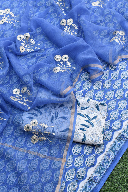 Beautiful Hand Block Printed Cotton unstitched suit fabric with Kota Doria Dupatta with Pittan & Meena work bootis