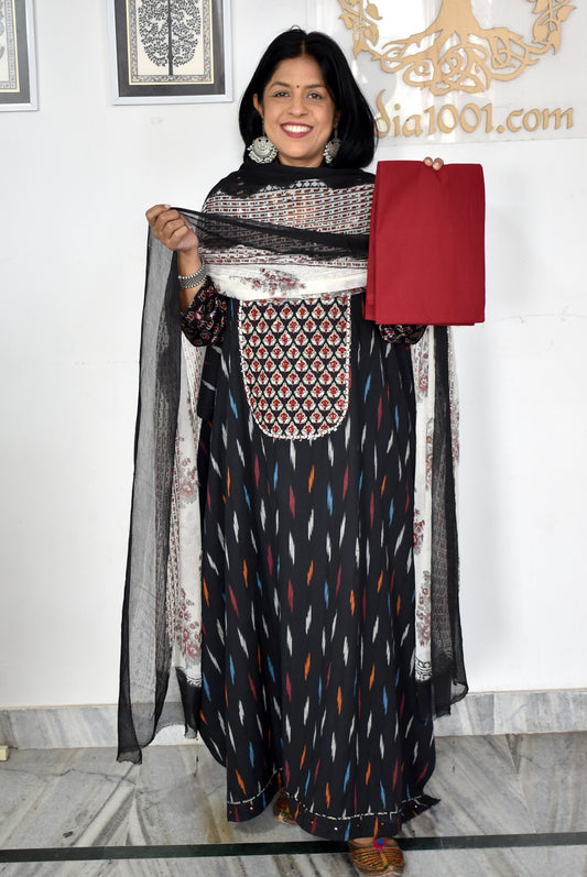 Elegant Handwoven Ikkat Cotton Unstitched Suit with Ajrakh patch ,Intricate Hand Embroidery block print  dupatta