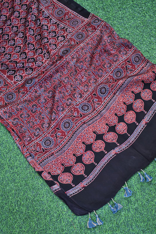 Beautiful Hand Block Printed Ajrakh Modal Silk stole with Tassels