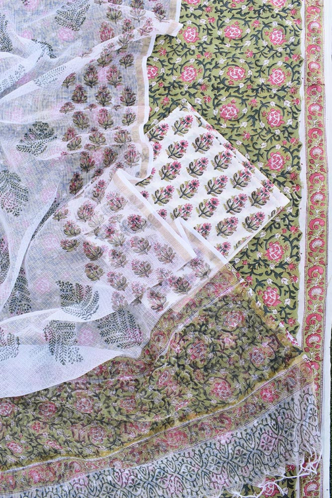 Beautiful Hand Block Printed Cotton unstitched suit fabric with Kota Doria Dupatta