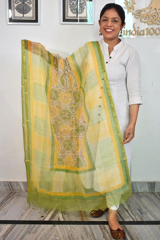 Hand Block Printed & Brush painted  Kota Doria Cotton Dupatta