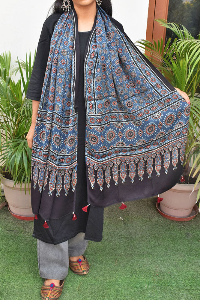 Beautiful Hand Block Printed Ajrakh Modal Silk stole with Tassels