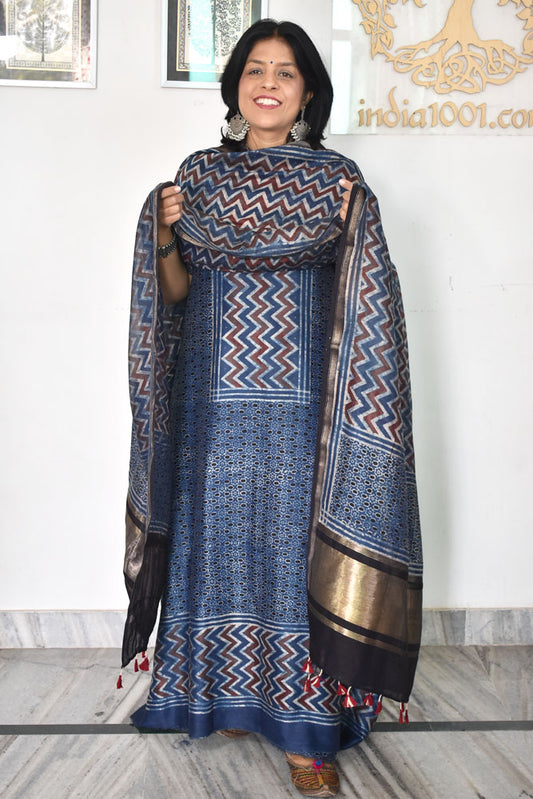 Beautiful Hand Block printed Kutch Ajrakh Chanderi Kurta and Lagdi patta dupatta set