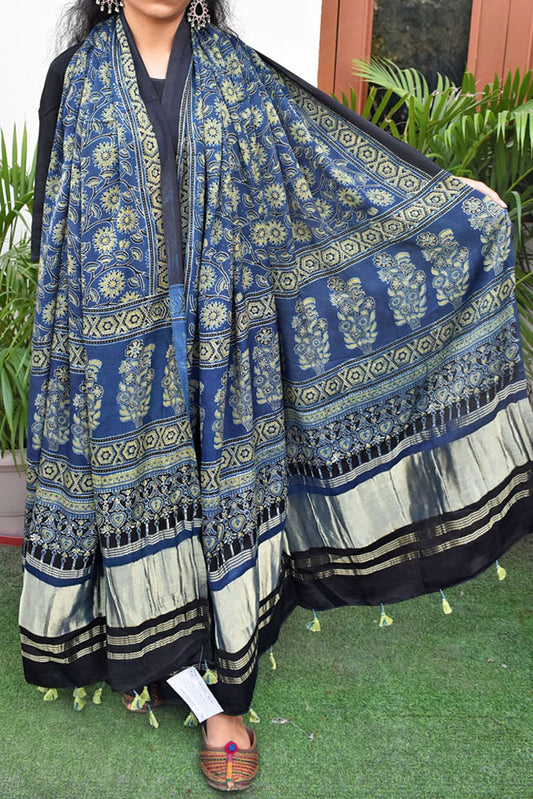 Elegant Modal Silk Ajrakh Block Print Dupatta with Lagdi Palla