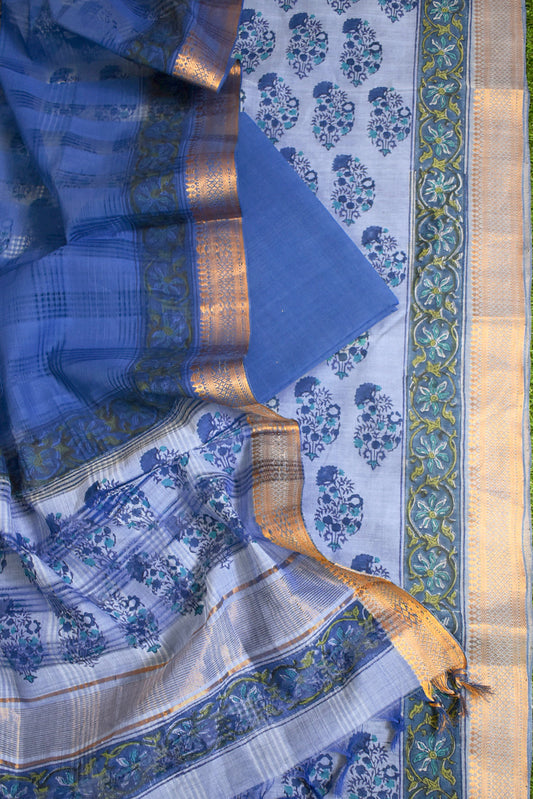 Elegant Handwoven Mangalgiri Cotton suit with Hand block print