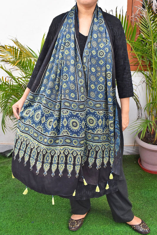 Beautiful Hand Block Printed Ajrakh Modal Silk stole with Tassels