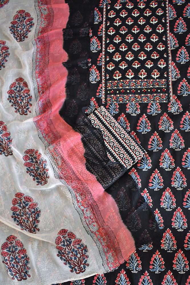 Beautiful  Cotton Unstitched Suit with  Neck patch, Intricate Hand Embroidery & Block print chiffon dupatta