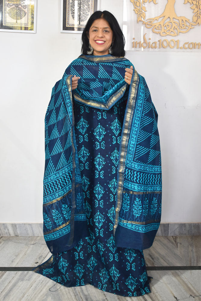 Beautiful Jahota Hand Block Printed Maheshwari Silk Cotton set with Bottom