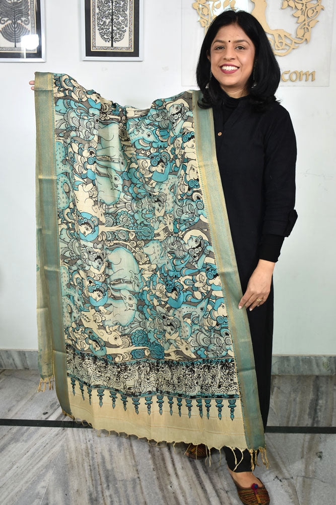 Beautiful Bangalore Cotton Silk Hand Painted Kalamkari Dupatta