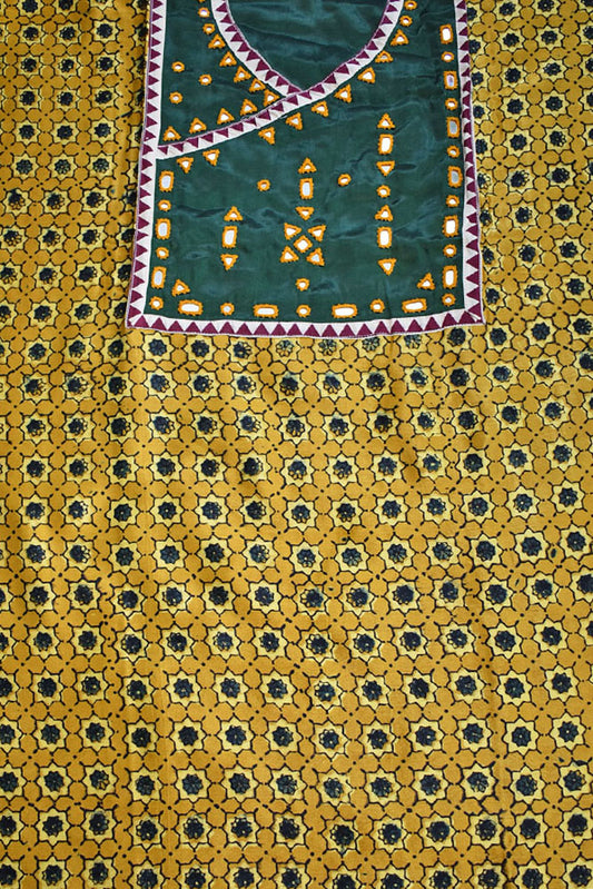 Designer Ajrakh Mashru Kurta Fabric with Kutch Mirror Work patch