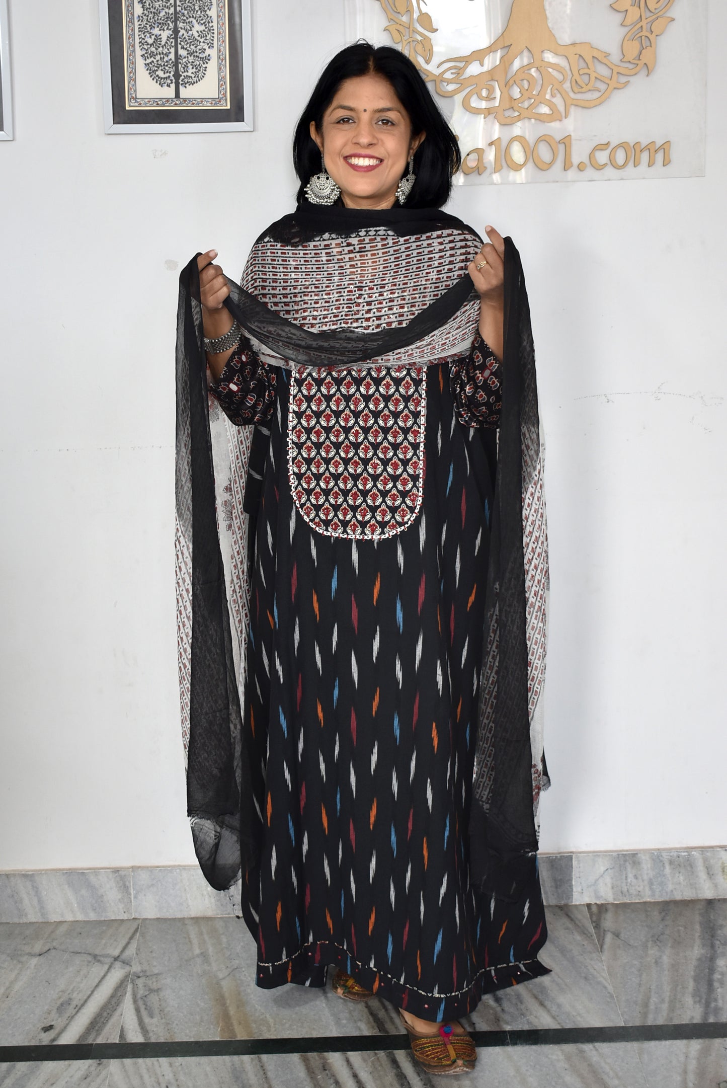 Elegant Handwoven Ikkat Cotton Unstitched Suit with Ajrakh patch ,Intricate Hand Embroidery block print  dupatta