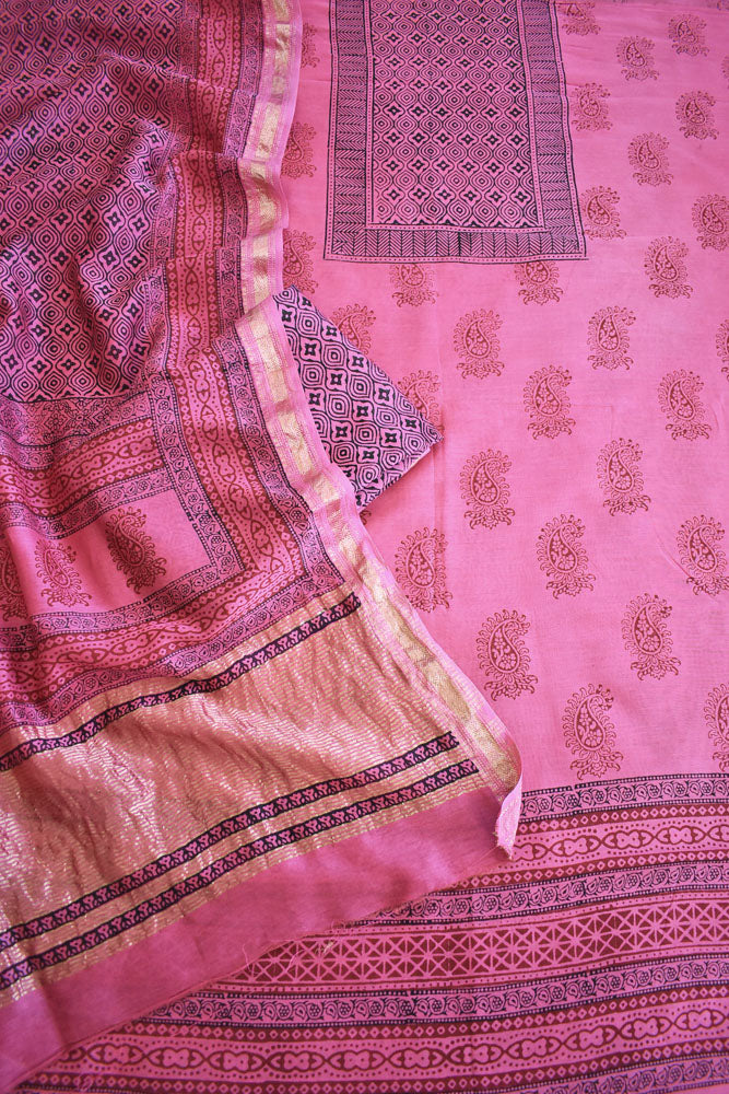 Bagh Hand Block Printed unstitched 3 pcs Handwoven Maheshwari suit fabric with Zari borders & Lagdi ( zari palla )