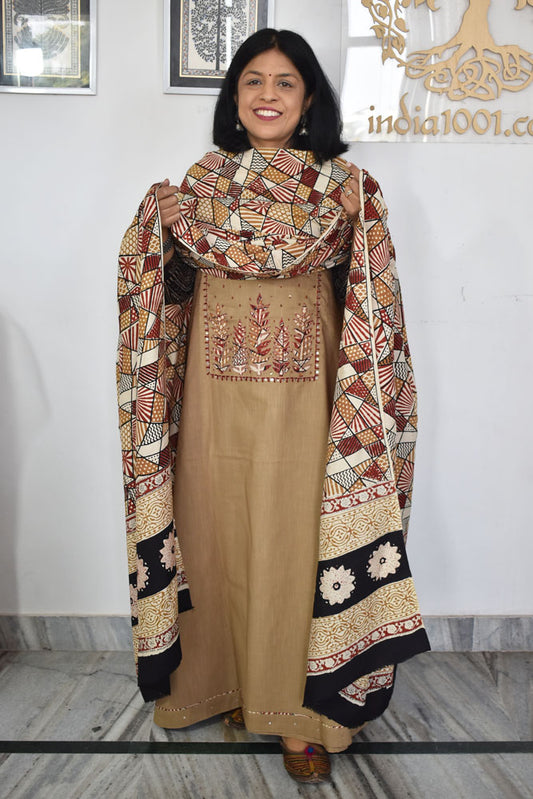 Beautiful  Cotton Unstitched Suit with Neck patch, Intricate Hand Embroidery & Block print Muslin dupatta