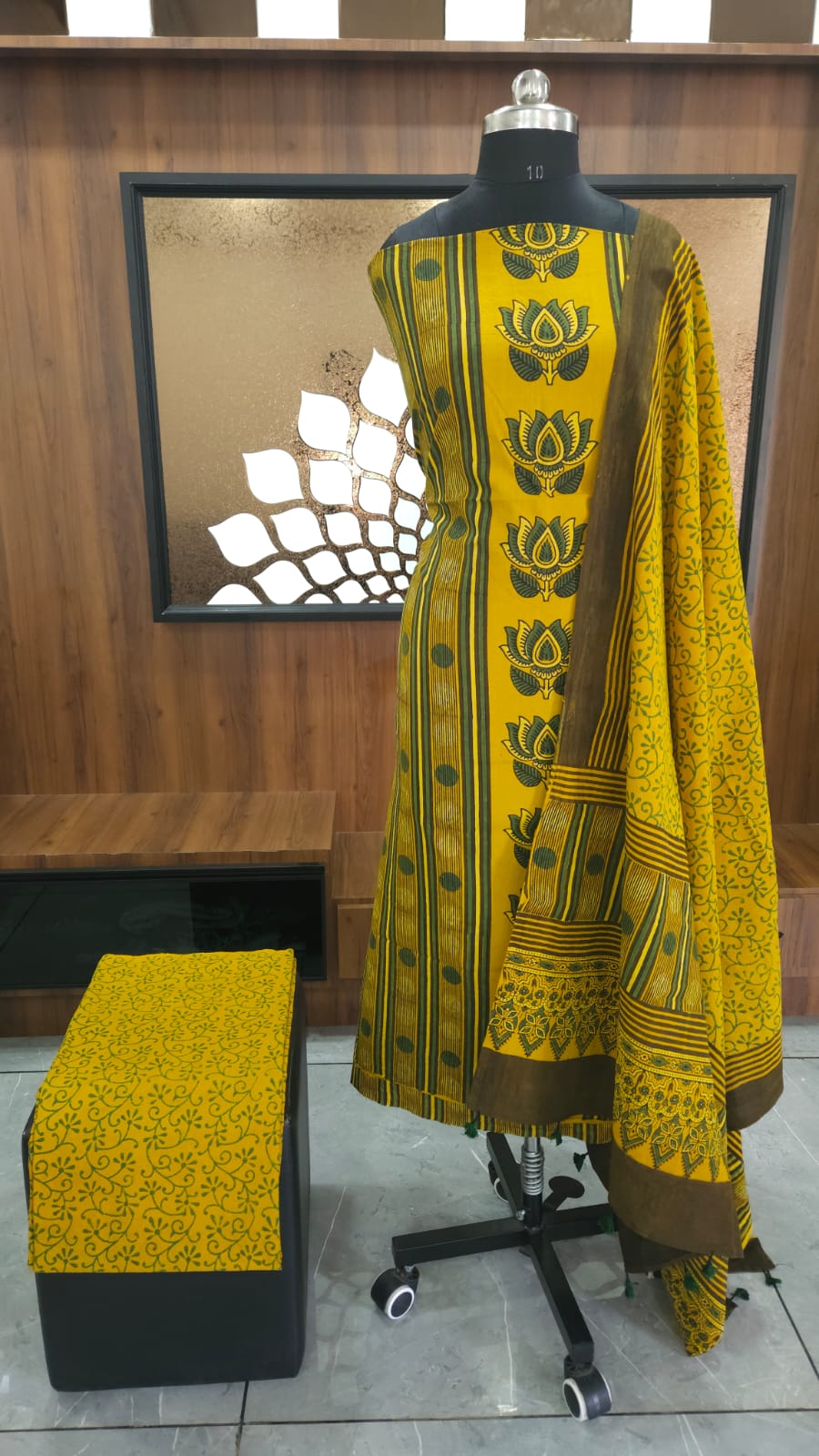 Hand Block Print Ajrakh Cotton Suit with designer Ajrakh neck yoke pattern