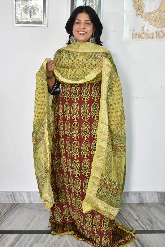 Bagh Hand Block Printed unstitched Modal silk suit fabric with organza from MP